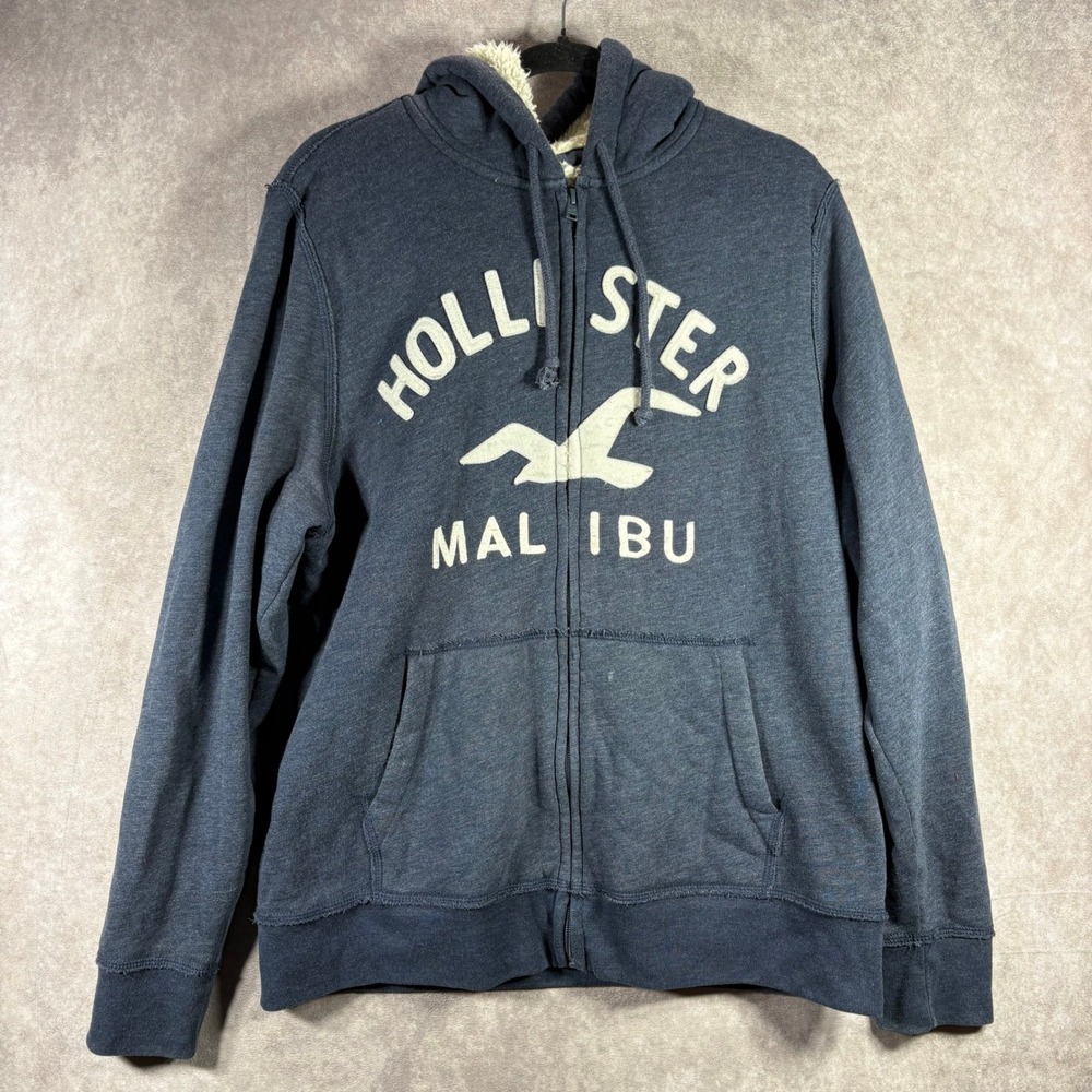 Hollister Hoodie Men XL Blue Malibu Sherpa Lined Y2K Full Zip Fleece Logo Jacket